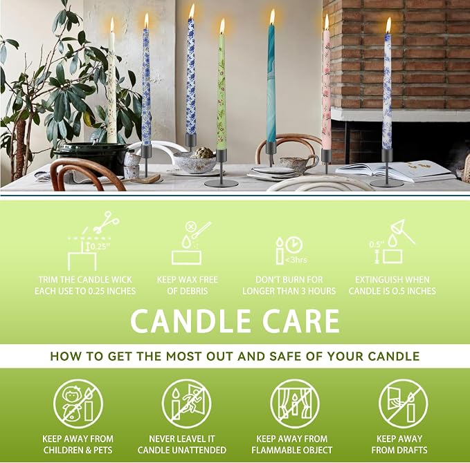 Scandinavian Tall Candle 10 in Green Printed Taper Candles Hand Printing Candlesticks Unscented Smokeless Tapered Candle Sticks for Home Decor Rustic Wedding Simple Modern, 4 Pack