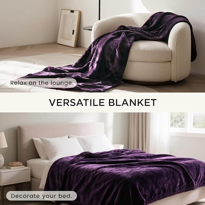 gogobunny Waterproof Bed Blanket, Reversible Sherpa Fleece Throw Blanket for Dog Puppy Cat, Furniture Cover Protects Bed Couch Sofa from Liquid Pee and Pet Fur (Dark Purple, 90x90 inches)