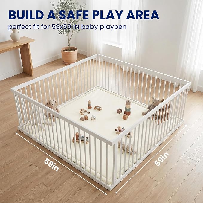 Huloo Sleep Ultra Soft Baby Play Mat for Floor, 1.3" Thick Elasti-Foam 59x59 Play Mat for Playpen,Water-Repellent Coral Velvet for Tummy Time, Non-Slip Backing,Safe for Toddlers & Infants（Cream）
