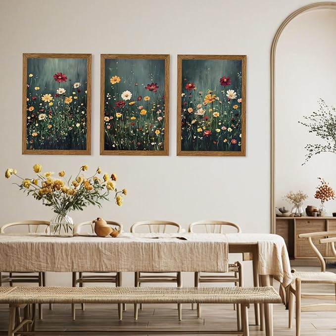 Urmoya 3 Pieces Moody Wildflower Dark Academia Floral Wall Art, 20x30 in | Vintage nature floral landscape wall decor, Wood framed, Ready to hang, Canvas art prints, over sofa, Bedroom, Office