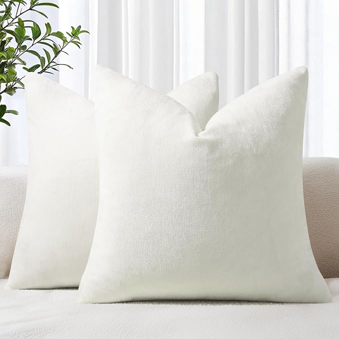 decorUhome Soft Chenille Cream White Throw Pillow Covers 20X20 Set of 2 | Decorative Fall Couch Pillow Covers Solid Dyed Accent Modern Farmhouse Neutral Square Pillow Cases for Sofa