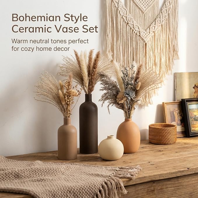 Neutral Ceramic Vase Set of 4, Modern Colors Home Decor, Rustic Farmhouse Decorative Flowers Vases for Bouquet, Pampas | Table Mantel Centerpiece Bookshelf Living Room Bedroom (Neutral Mix Set of 4)