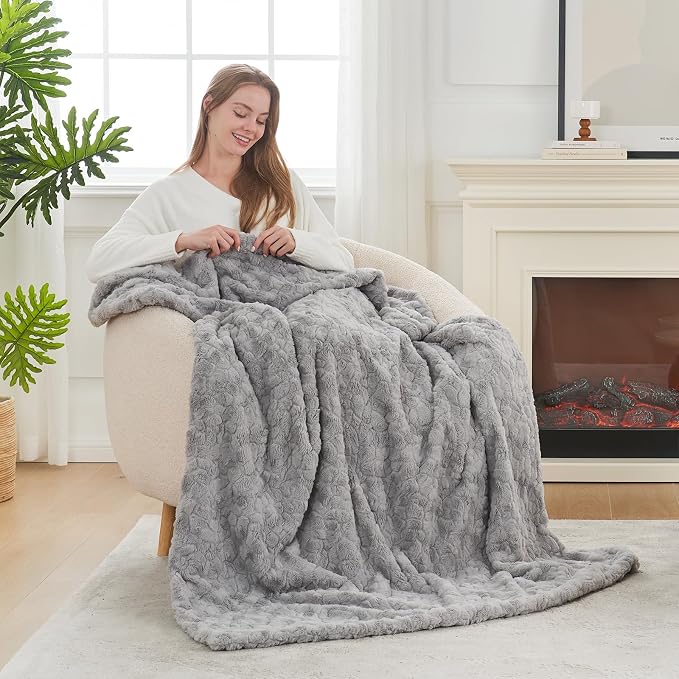 Cozy Bliss Faux Fur Throw Blanket for Couch, Fuzzy Soft Plush Thick Warm Fluffy Reversible Wave Textured Blanket for Sofa Bedroom Living Room, 55 * 70 Inches Grey (Pack of 2)