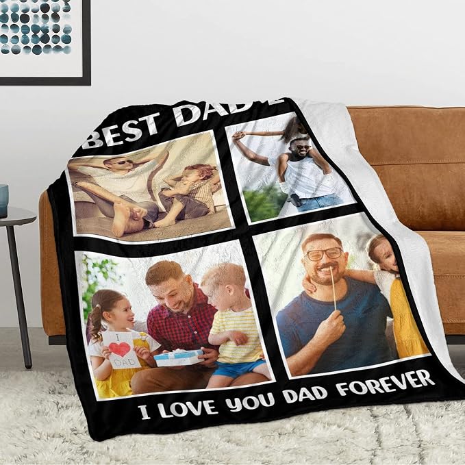 Custom Dad Blanket with Photos, Personalized Blanket with Picture | Customized Fathers Day Birthday Gifts from Daughter Wife, Christmas Birthday Gifts for Him Her Women Men