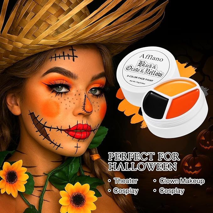 Black Yellow Orange Face Body Paint Pumpkin Halloween Makeup, CreamBlendable Facepaint Non-Toxic for Kids Adults Scarecrow Clown Tiger Lion Costume SFX Cosplay Bodypaint Looks Sport Colored Eye Black