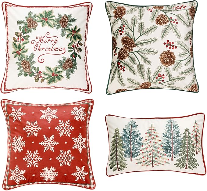 French Chrismas Velvet Throw Pillow Cover,Set of 4-Carol ABCF | Vintage Elegant Pillow Cover,Concealed Zipper Design,Pinecones Pattern,Sofas,Bedroom,Living Room,Lounge Chairs