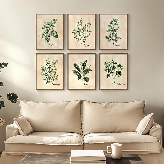 Framed Rustic Sage Green Botanical Wall Art for Kitchen, 6 Piece 11x14 In | Modern farmhouse wall decor, Herb spices plant leaf pictures, Canvas prints, Living room bedroom dining room artwork