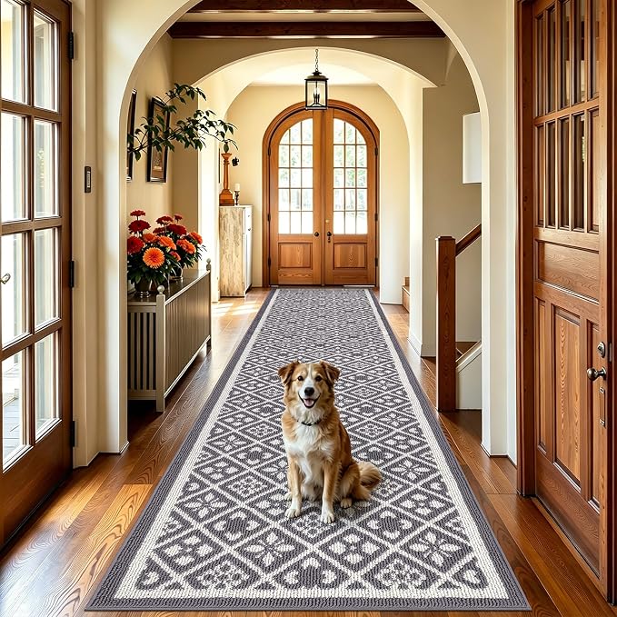 Ileading Hallway Runner Rug 2.6'x12' Heavy-Duty Durable Entryway Floor Mat with Non Slip Rubber Backing for Busy Traffic Extended Indoor Doormat Machine Washable Kitchen Throw Rug for Corridor(Grey)