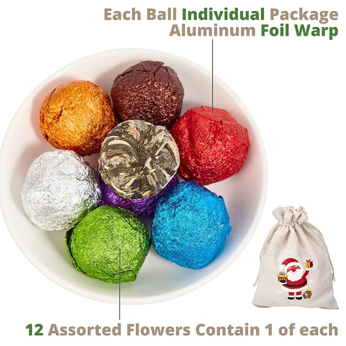 12 Assorted Blooming Flower Tea Balls Gift Set for Christmas| Handmade Herbal Flowering Tea Balls Variety Individual Packing| Blooming Green Teas with Flowers for Teas Lovers, Anniversary, Valentine, Birthday