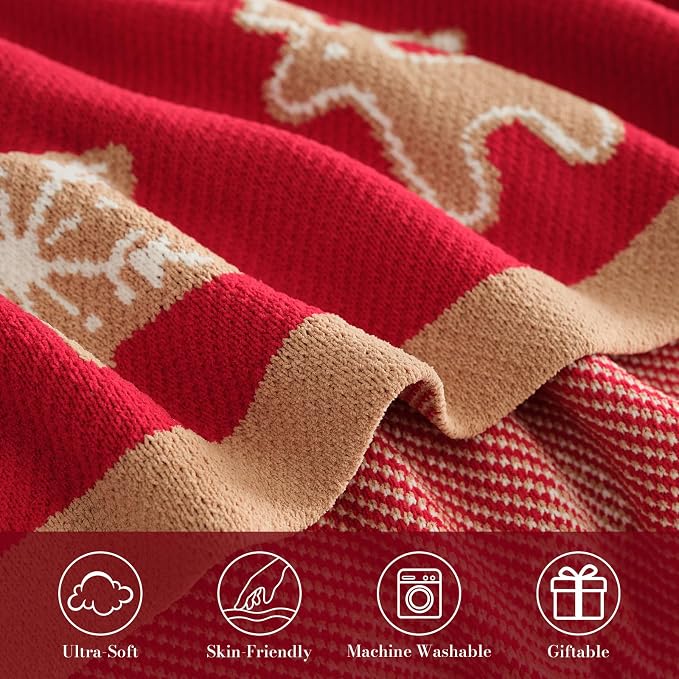 Christmas Knit Throw for Couch, Reversible Soft Cozy Chenille Blanket for Home Decor Gift for Family, 50" x 60", Christmas Gingerbread Cookie