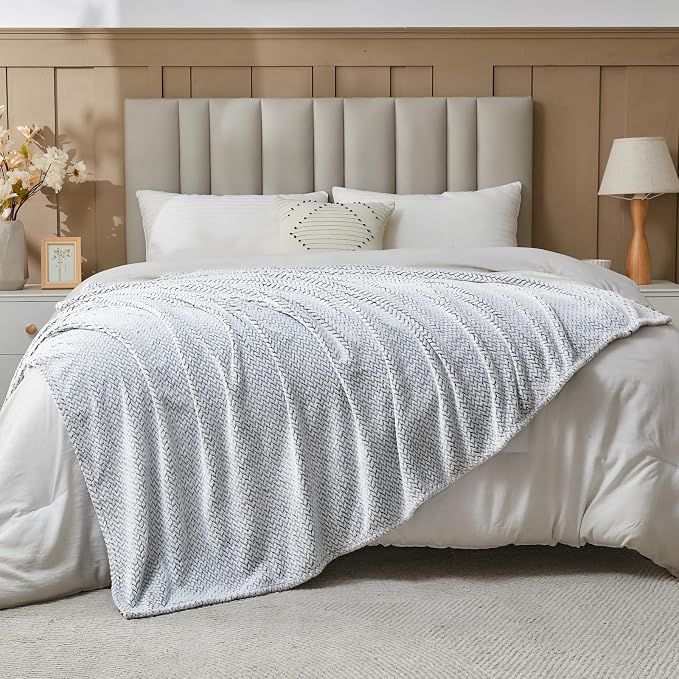 NEWCOSPLAY Fleece Leaves Pattern Twin Blanket, Frosty Dark Grey, 60"x80" | Super Soft Throw Blanket, Lightweight Cozy Bed Sofa Blanket, Premium Silky Flannel Fleece, Travel Blanket for All Season Use