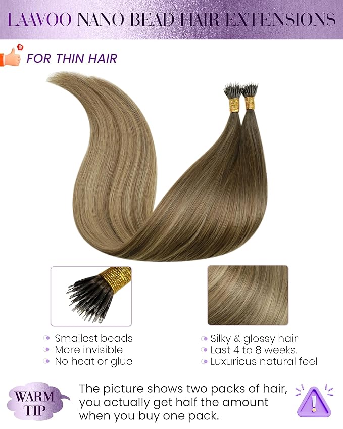 LaaVoo Nano Ring Hair Extensions Ombre Brown to Light Brown Mix Golden Brown Nano Bead Hair Extensions Brown Nano Extensions Human Hair 50s 50g 18in