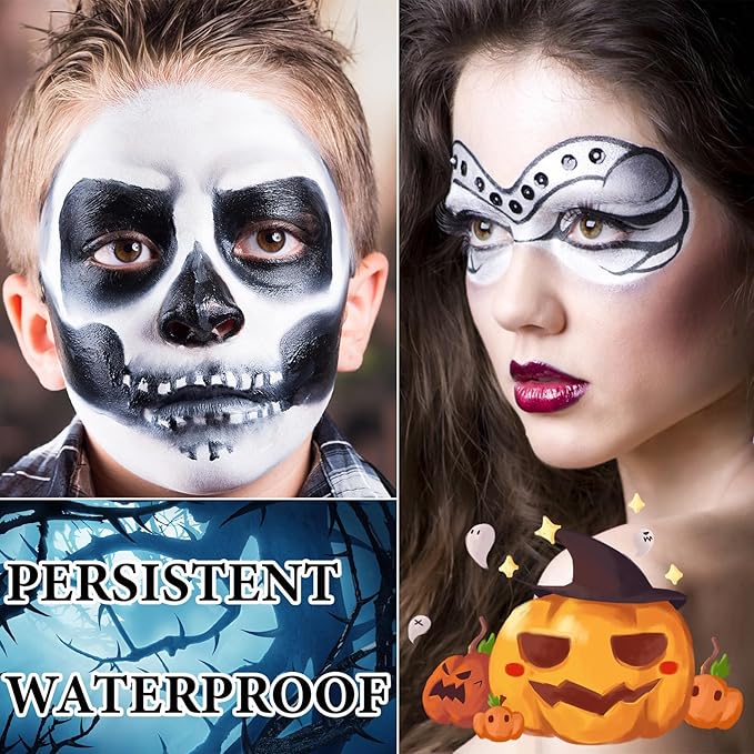 2 PCS Black White Cream Face & Body Paint Set, Halloween SFX Makeup Kit, Professional Face Painting Kit for Zombie Skeleton Cosplay Clown Makeup