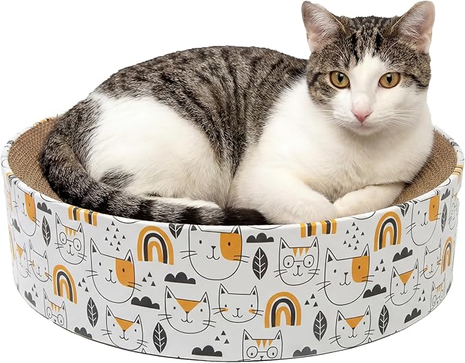 Kitty City Cat Print Corrugate Scratcher Bed - Round Lounger Scratch Pad with Corrugated Cardboard, Horizontal Nail File Surface, Indoor Kitty Furniture, Cat Enrichment, Sleep, & Play, 15.5” x 15.5”