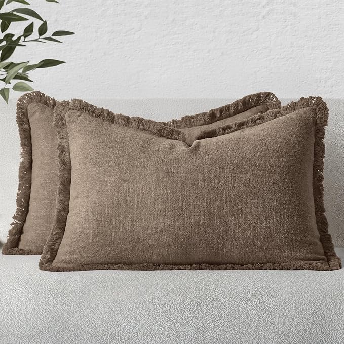 MIULEE Linen Decorative Fall Lumbar Throw Pillow Covers Cocoa Brown 12x20 | Set of 2, Cottagecore Decor, Boho Farmhouse Neutral Pillow Covers, Rustic Fall Fringe Couch Cushion for Sofa Bed Living Room