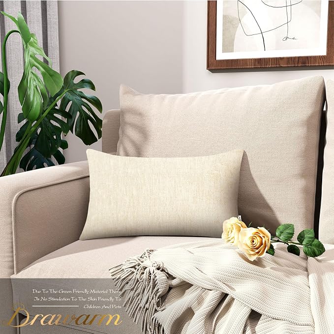 BRAWARM Throw Pillow Covers 12x20 Inches - Cream Chenille Lumbar Pillow Covers Pack of 2, Solid Dyed Soft Chenille Pillow Cases for Couch Sofa Bed Home Decoration