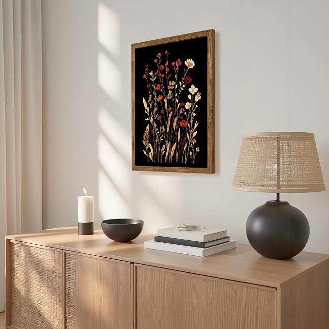 JLTULT Black Floral Wall Art, Vintage Wildflower Framed Canvas, 16 x 24 in | Black-background wildflower art on fade-resistant canvas with a ready-to-hang solid wood frame for bedrooms and bathrooms