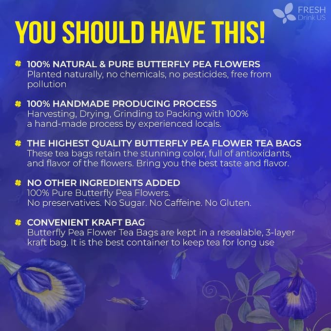 FreshDrinkUS, Premium 100 Blue Butterfly Pea Flowers Tea Bags, 100% Natural and Pure from Butterfly Pea Flowers, Made With Natural Material Tea Bag, No Sugar, No Caffeine, No Gluten, Vegan