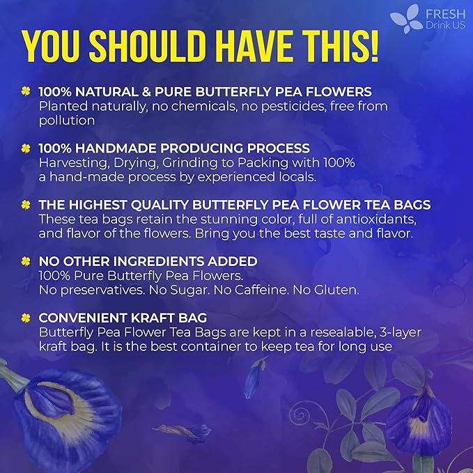 FreshDrinkUS, Premium 150 Butterfly Pea Flower Tea Bags, 100% Natural & Pure, Herbal Tea, Daily Infusion Botanical, No Sugar, No Caffeine, No Gluten, Vegan. Rich in Antioxidants
