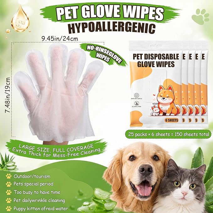 Irenare 6 Pack / 150 Pcs Pet Glove Wipes Bulk for Dogs and Cats, No-Rinse