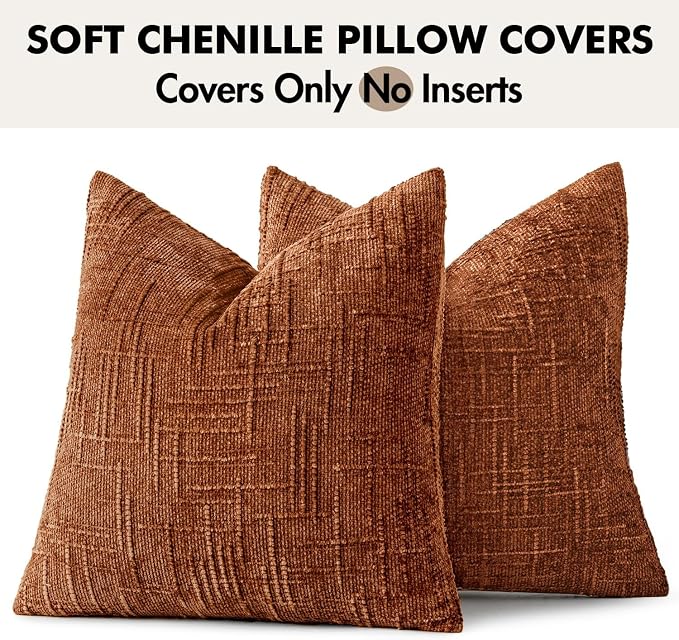 MIULEE Chenille Textured Fall Euro Throw Pillow Covers Burnt Orange 22x22 | Set of 2, Slubby Decorative Pillows, Boho Farmhouse Home Decor, Modern Neutral Cushion Covers for Couch Sofa Bed Living Room