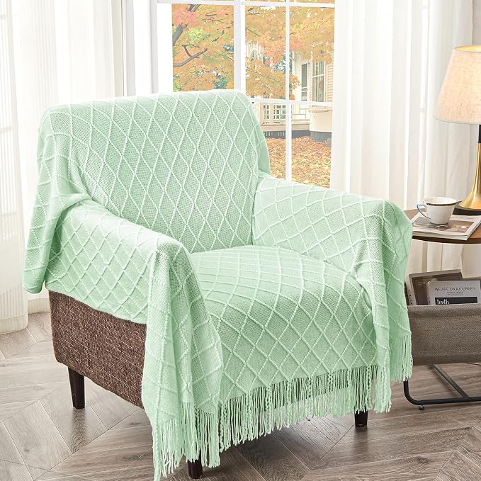 inhand Rouncy Mint Knitted Throw Blanket for Couch and Bed, 50"x60" | Soft Living Room Home Decor Knitted Blanket with Tassel, Outdoor Lightweight Breathable , Farmhouse Warm Woven Decorative