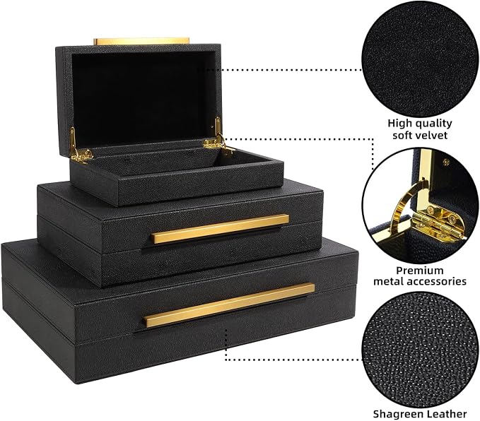 Set of 3 Decorative Boxes with Lids, Faux Shagreen Nesting Decorative Box for Home Decor, Jewelry Boxes, Photo Boxes, Keepsake Storage Boxes (Black)