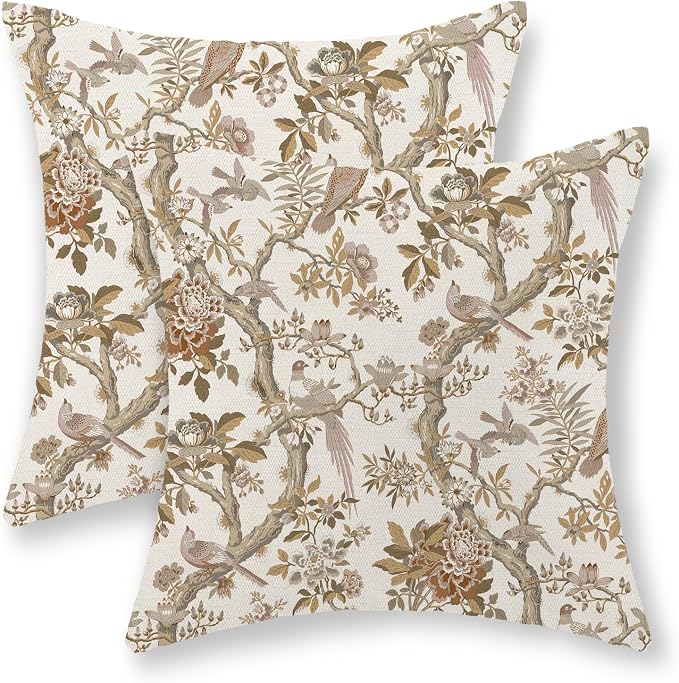 Chinoiserie Pillow Covers 18x18 Set of 2 Brown Bird Floral Throw Pillows Vintage Flowers Bird Decorative Pillowcase Farmhouse Linen Cushion Case Decor Outdoor Throw Pillows for Couch Sofa