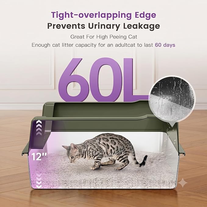 XXXL Stainless Steel Cat Litter Box with Lid, 26" L x 18" W x 12" H Metal Litter Box with High Sides for Big Cats & Multiple Cats, Never Absorbs Odors, Anti-Urine Leakage, Easy Cleanin(Green)