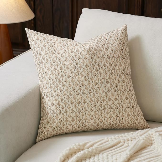 FIOUOVO Floral Pillow Covers 18x18 Pillow Cover Block Print Couch Pillows for Living Room Decorative Neutral Accent Throw Pillow Covers, 1PC, Cognac Brown