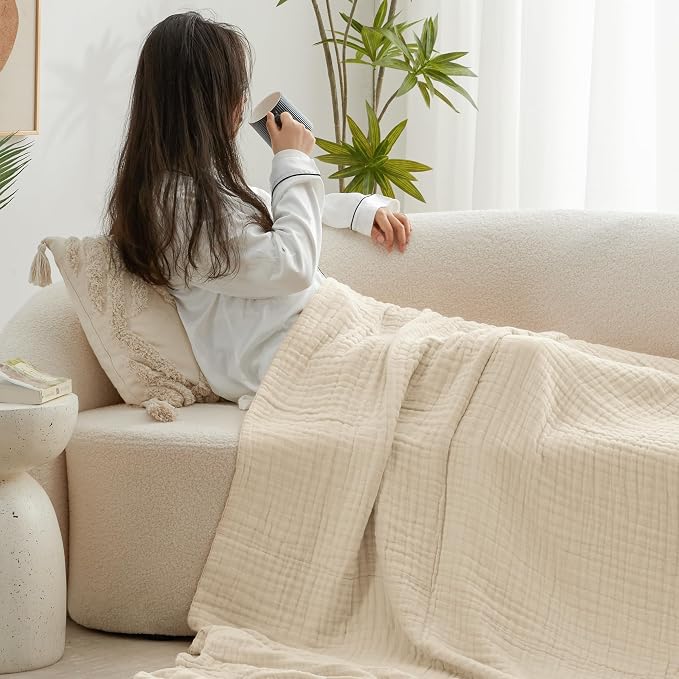 Love's cabin 100% Cotton Muslin Blanket, 6 Layer Lightweight Breathable Gauze Large Throw Blanket 50 x 70 Inches, Soft Cooling All Season Blanket for Couch or Sofa, Beige