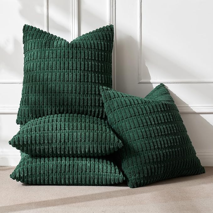MIULEE Pack of 4 Christmas Corduroy Throw Pillow Covers 18x18 Dark Green | Neutral Rustic Farmhouse Boho Soft Striped Pillow Covers,Home Decor for Sofa,Living Room,Couch,Bed