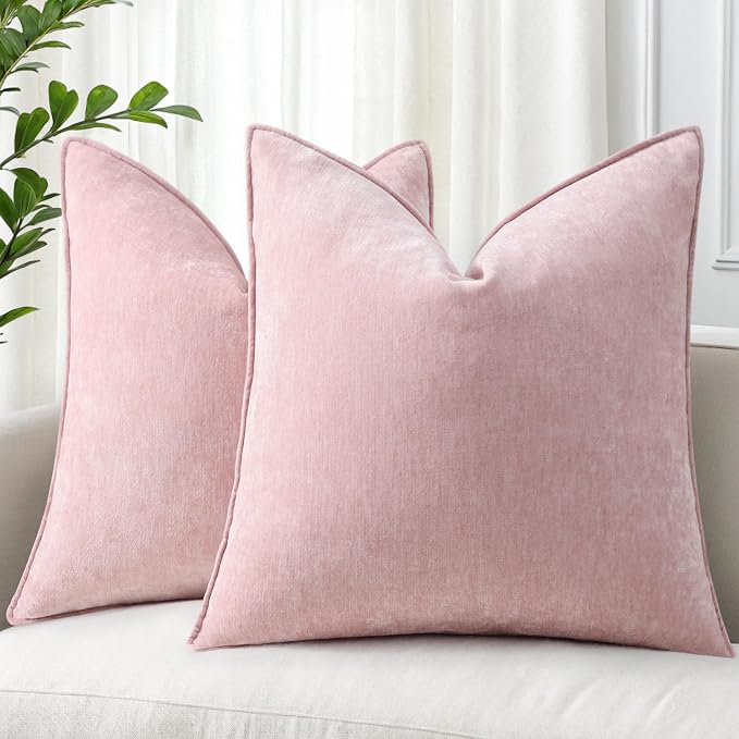 decorUhome Chenille Blush Pink Velvet Throw Pillow Covers 26x26 Set of 2 | Fall Soft Euro Sham Couch Decorative Modern Farmhouse Pillow Cases with Elegant Design for Sofa Bed Living Room Home Decor