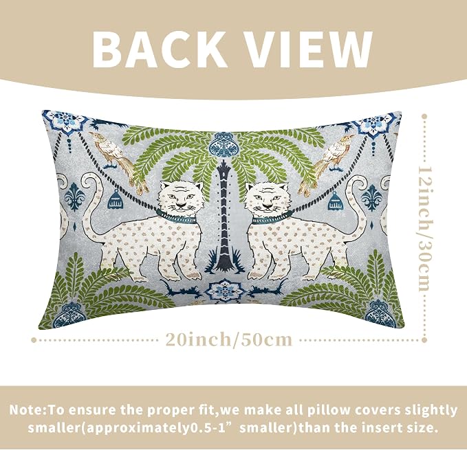 Chinoiserie Animal Print Leopard Tropical Tree Lumbar Pillow Covers 12X20 Inch Set of 2 Vintage Asian Tiger Birds Pillow Cases Green Cotton Linen Cushion Case Farmhouse Home Decor For Sofa Couch