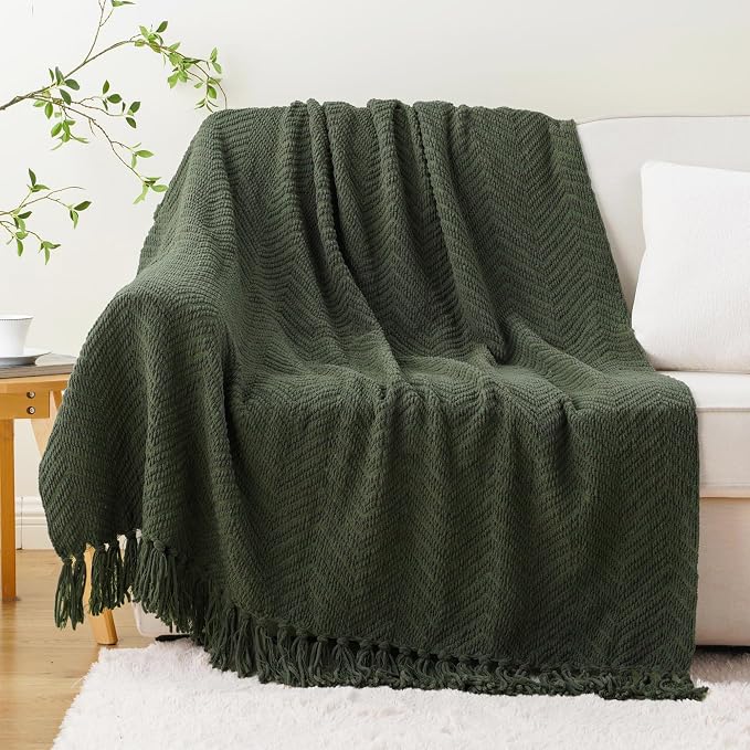 BATTILO HOME Olive Green Throw Blankets for Couch, 60"x80" | Knitted Dark Green Throw Blanket for Bed, Super Soft Warm Large Throws for Home Decor