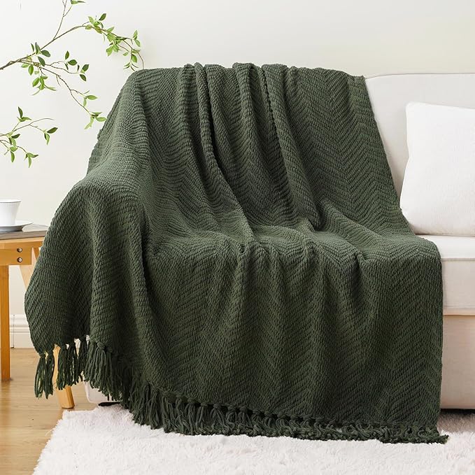 BATTILO HOME Olive Green Chenille Throw Blanket for Bed, 50" x 60" | Knit Throw Blanket, Super Soft Warm Home Decor Throw Blanket with Tassels for Couch,Sofa and Living Room