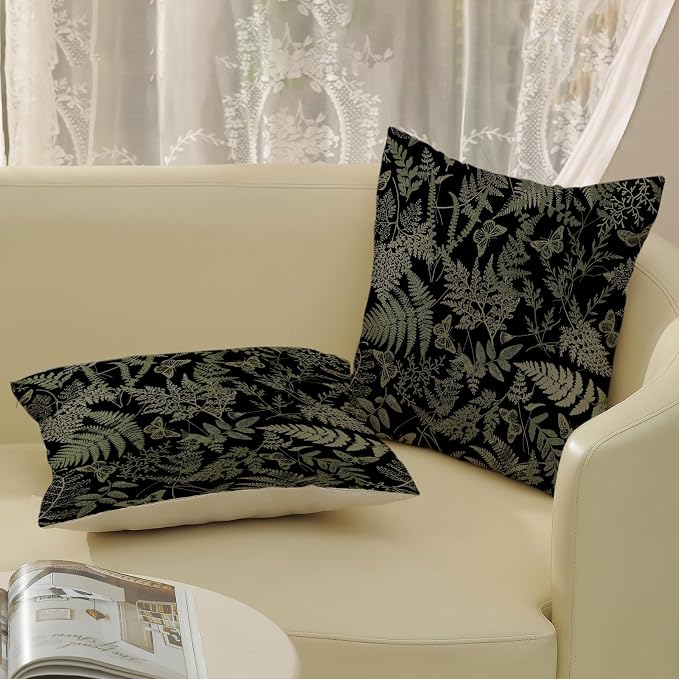 Black Pillow Covers 18x18 Set of 2 Sage Green Wildflower Leaf Plant Decorative Pillowcase Tropical Fern Herbs Botanical Floral Cushion Case Decor Summer Outdoor Throw Pillows for Couch Sofa