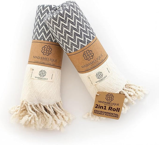 Madamelique Exclusive Hand Towels Set of 2-18 x 40 Inches - Decorative Bathroom Peshtemal Towel for Hand, Face, Hair, Yoga, Tea, Dishcloth, Kitchen and Bath - 100% Pure Cotton (Gray)