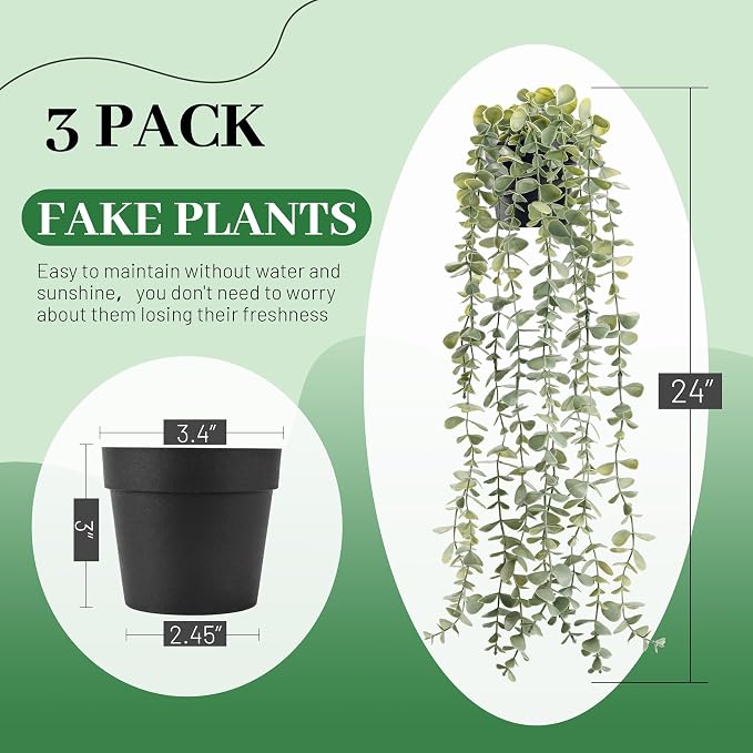 Der Rose 3Pcs Cozy Fake Eucalyptus Hanging Plants for Bathroom Wall Decor | Fresh cascading greenery brightens small spaces, creating an airy look for kitchen, bedroom and walls decor