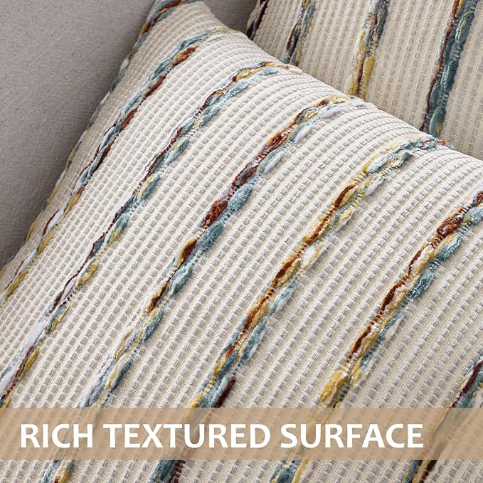 ANRODUO Boho Decorative Throw Pillow Covers Blue Stripe 18x18 Inch Set of 2 | Woven Chenille Decorative Cushion Case with Striped Farmhouse Accent Neutral Pillowcase for Couch Sofa Bed Living, Room Decor