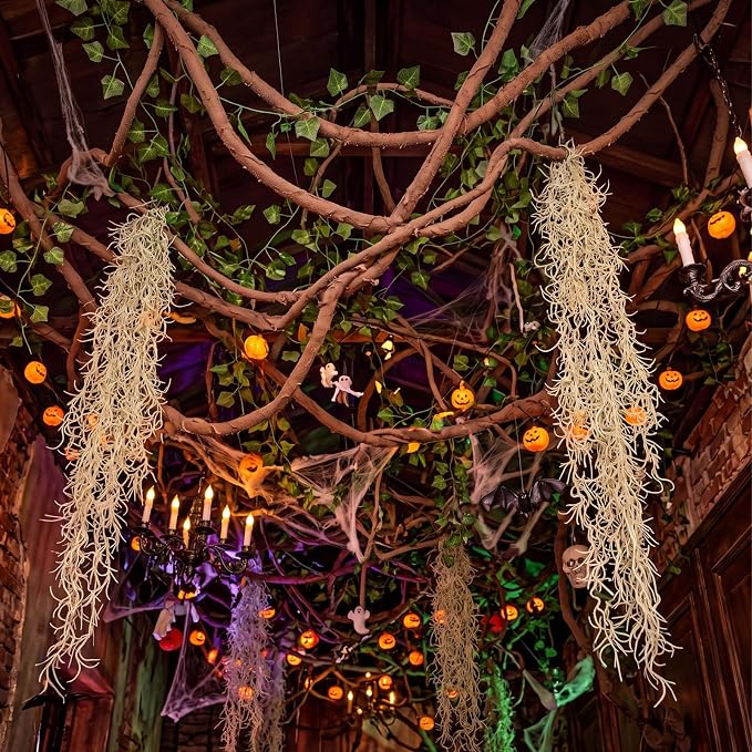 Halloween Hanging Decorations, Faux Spanish Moss Hanging Vines Forest Moss Vines Decor, Greenery Garland for Spooky Halloween Party Wall Ceiling Doorway Indoor Outdoor Enchanted Decorations