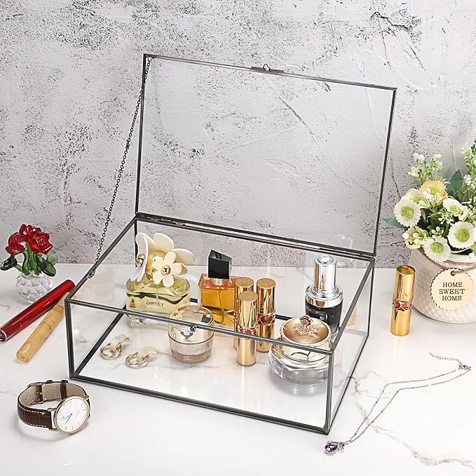 Hipiwe Vintage Glass Box with Lid Jewelry Display Case Vanity Lidded Box | Rectangle Glass Boxes Organizer Black Home Decor Accent Decorative Boxes for Keepsakes Trinket Rings,X-Large