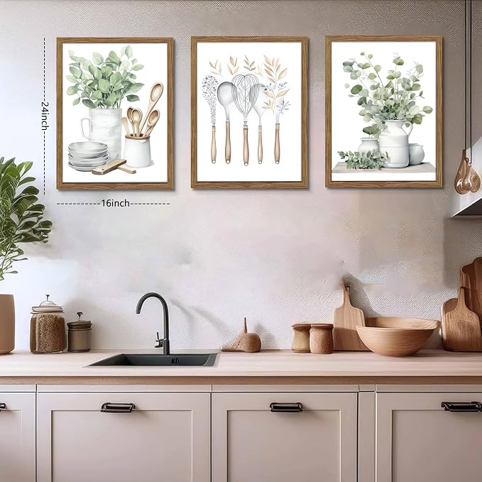 Sage Green Kitchen Canvas Wall Art Set of 3 – Framed Minimalist Eucalyptus Leaves Wall Decor Artwork, Modern Dining Room Plant Pictures Poster Prints for kitchen Home Decoration – 16x24in