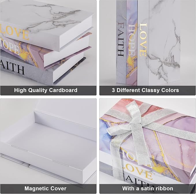 Home Decorative Faux Book Boxes: Set of 3 for Entry Table, Coffee Table, Bookshelf Decor With Magnetic Closure
