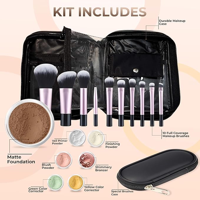 19 pc STARTER KIT w/BRUSHES & CASE (COCOA) Mineral Makeup Foundation Blush Bronzer Illuminating Veil Set Bare Skin Matte Powder