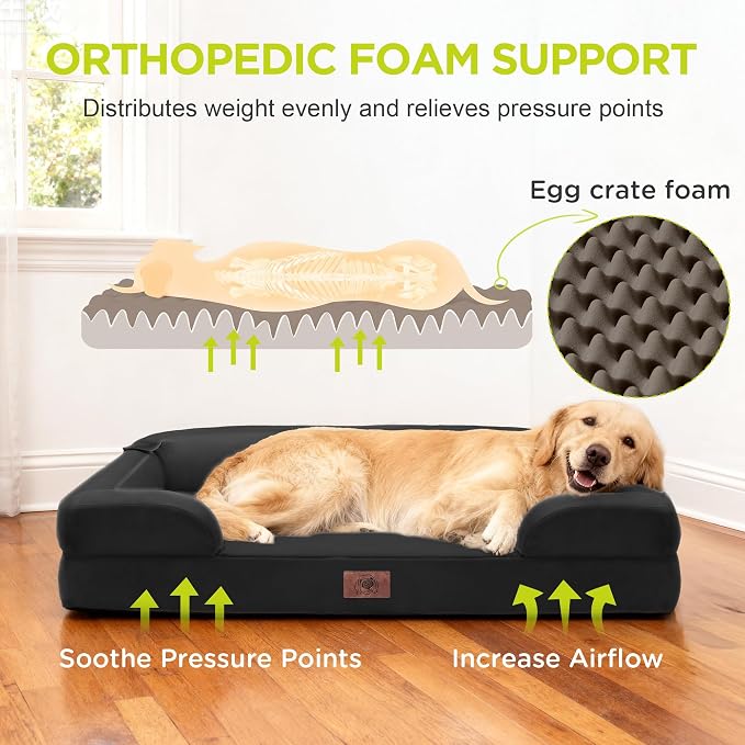 Waterproof Orthopedic Dog Bed for Medium Large Sized Dogs | Memory Foam Pet Bed Sofa with Bolster, Dog Couch with Washable Cover & Non-Slip Bottom, 36x27 Inch, Black