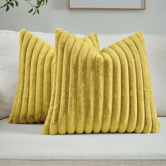 FUTEI Pack of 2 Faux Fur Throw Pillow Covers 24x24 Inch, Mustard Yellow | Fluffy Faux Rabbit Fur Front/Premium Velvet Back,Hidden Zipper,Machine Washable,Non-Shedding,Colorfast,Insert Not Included.