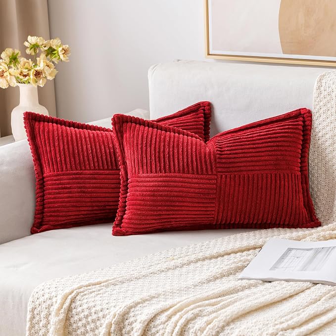 MIULEE Decorative Lumbar Throw Pillow Covers 12x20 Inch Red 2 Pack | Boho Broadside Striped Patchwork Pillow Covers, Soft Corduroy Cushion Cases, For Couch Sofa Bed Livingroom Home Decor