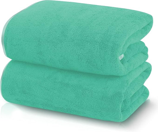 TENSTARS Silk Hemming Bath Towels for Bathroom Clearance - 27 x 55 inches - Light Thin Quick Drying - Soft Microfiber Absorbent Towel for Bath Fitness, Sports, Yoga, Travel, Gym - 2 Pack, Aqua Green
