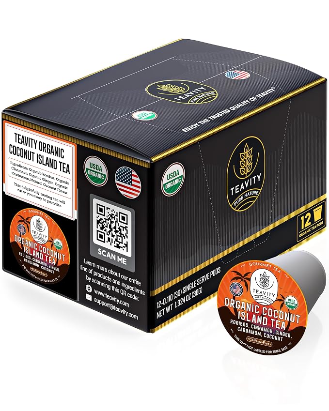 Coconut Island Teavity Organic Ginger Cinnamon Cardamom Rooibos Tea Pods for Keurig (12 Pods)